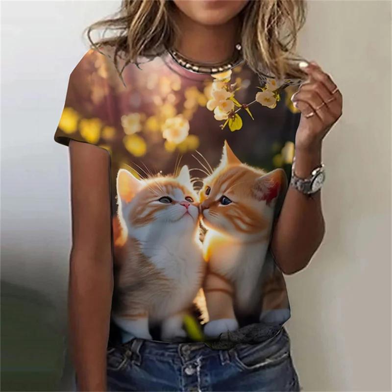 Fashion Women's T-shirt 3D Printed Kawaii Cat Pattern Short Sleeved Round Neck Top Summer Outdoor Casual Street Simple Clothing