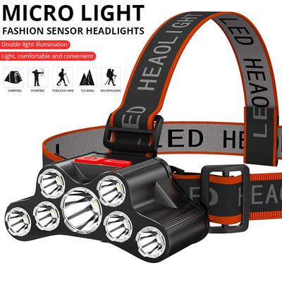 Lampada frontale a LED Luce forte Torcia montata sulla testa super luminosa Lampada da pesca notturna ricaricabile per esterni 7 sorgenti luminose