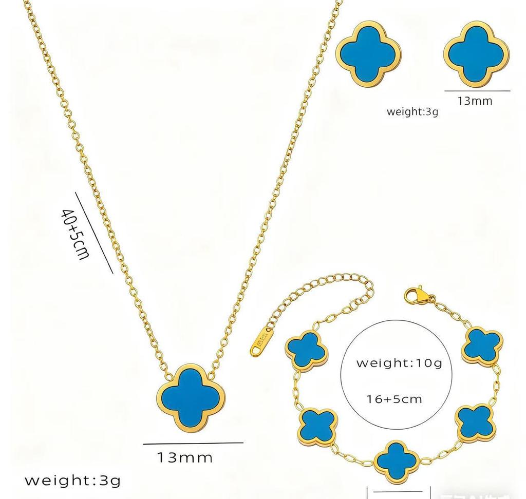 13mm Vierblättriges Kleeblatt Titanstahl Schmuckset: 18K Armband, Halskette, Ohrringe