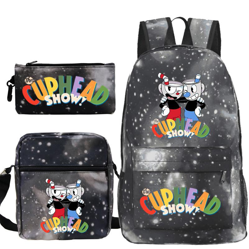 Cartoon Teacup Head Cuphead Student School Bag Backpack Three-piece Set Children's Shoulder Bag Pencil Bag