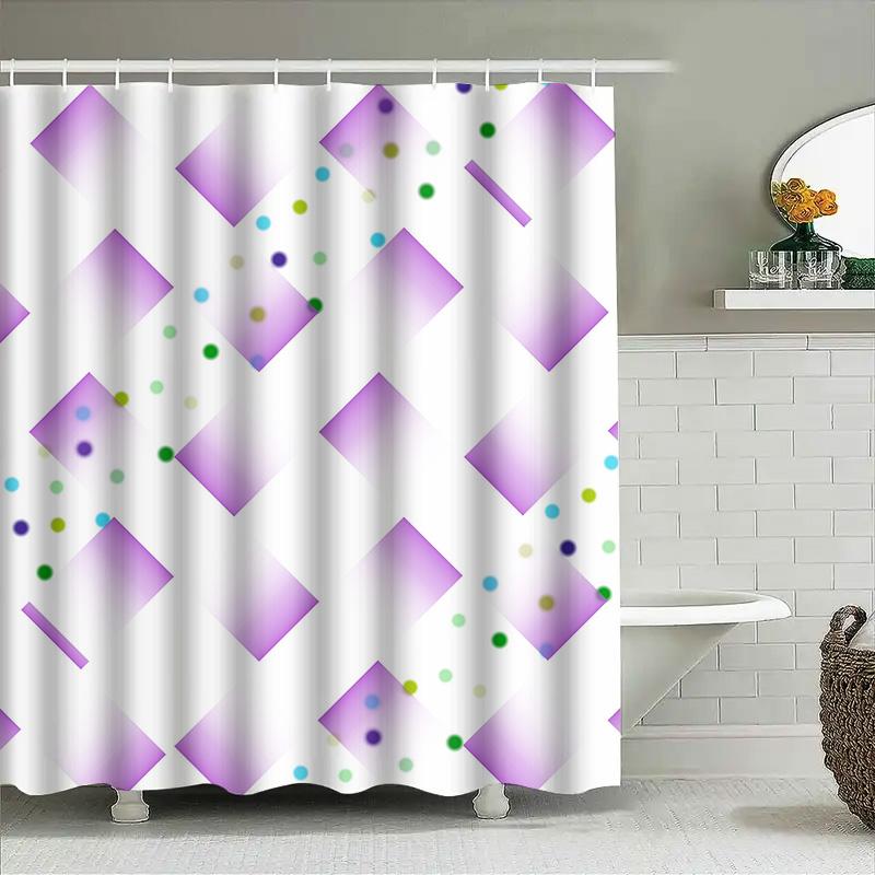 Modern Geometric Square Bath Curtain Set Bathroom Waterproof Shower Decorations Purple White With Colorful Accents (Set Of 1)