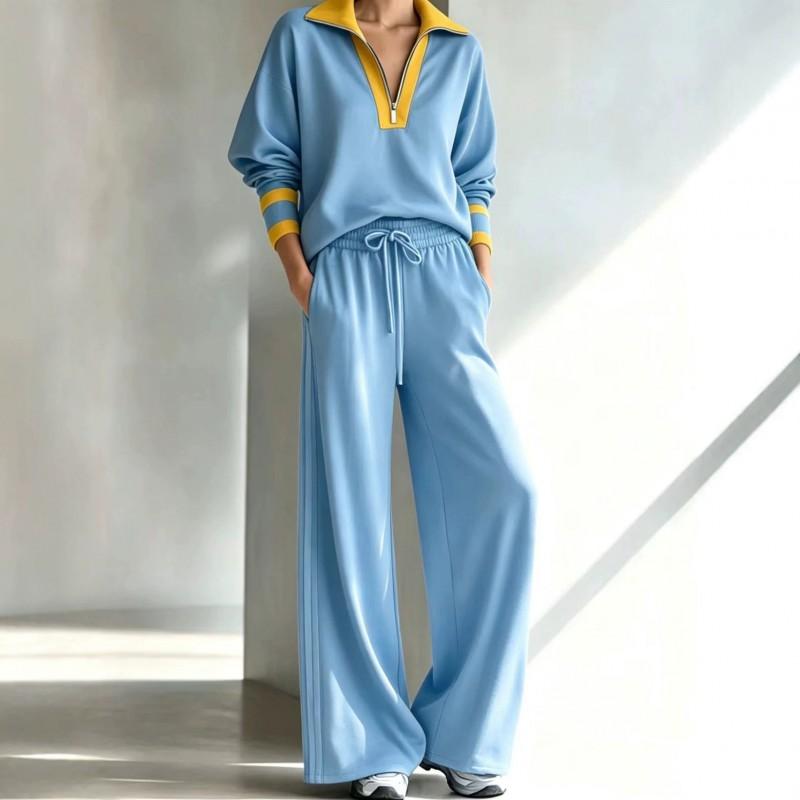 Womens Casual 2-Piece Set Long Sleeve Hoodie Wide-Leg Pants Fall Outfit Loose Fit Color-Block Sporty Style
