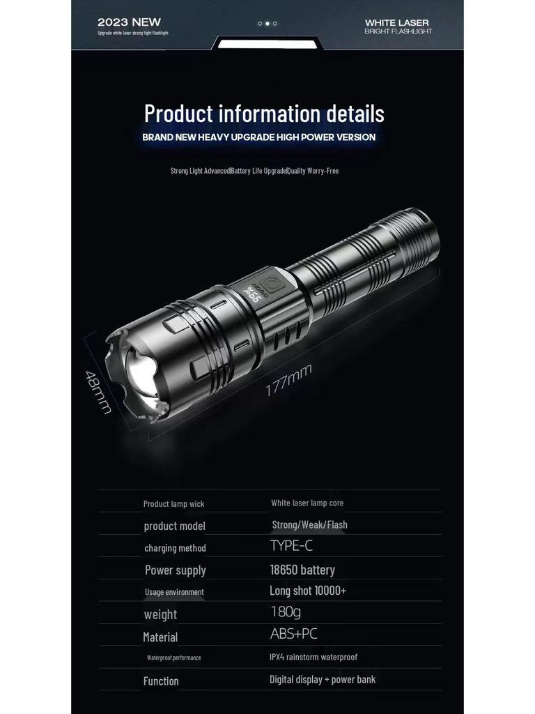 High Power White Laser Zoom Flashlight for Long-Range Outdoor Use with Rechargeable Display