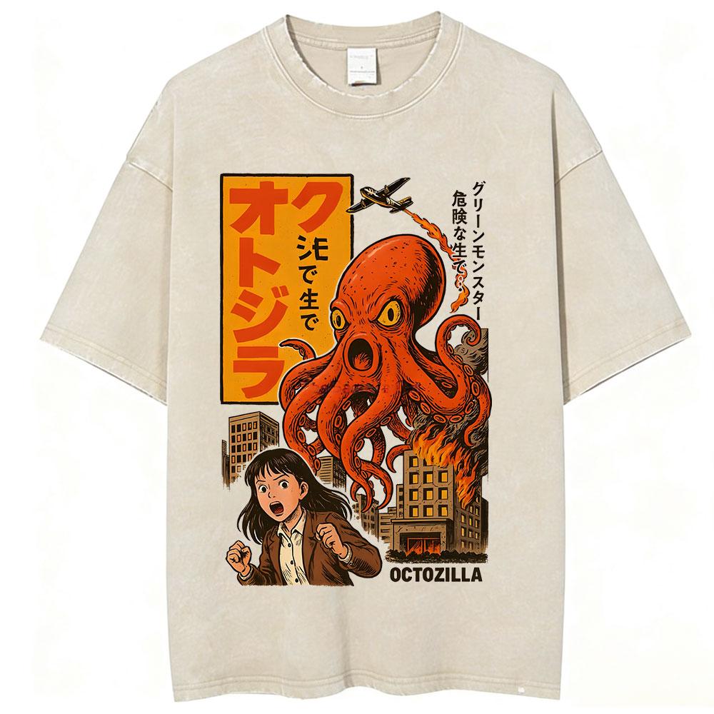 

Black Ink Coffee Takoyaki Dotonbori Drunken Octopus Vintage Washed T Shirts Men Women Japanese Style Oversized Cotton TShirt S