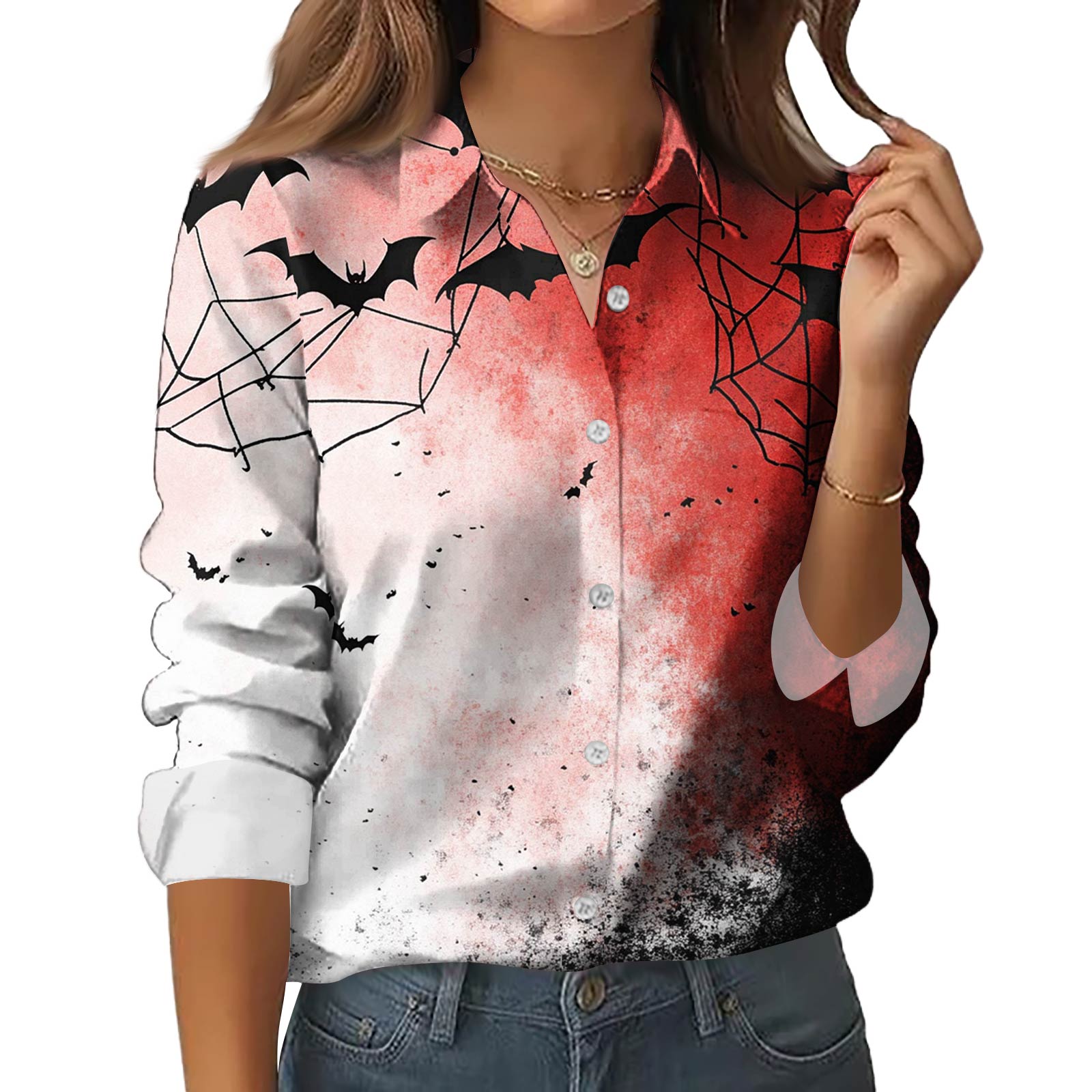 

Женская рубашка-блузка с принтом и пуговицами, длинный рукав, повседневный базовый рубашечный воротник, обычный топ XL красный