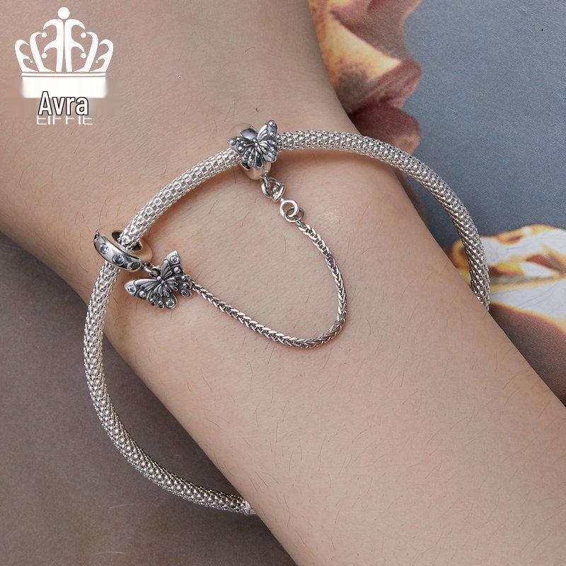925 Sterling Silver Butterfly Safety Chain with Silicone Beads for DIY Bracelets