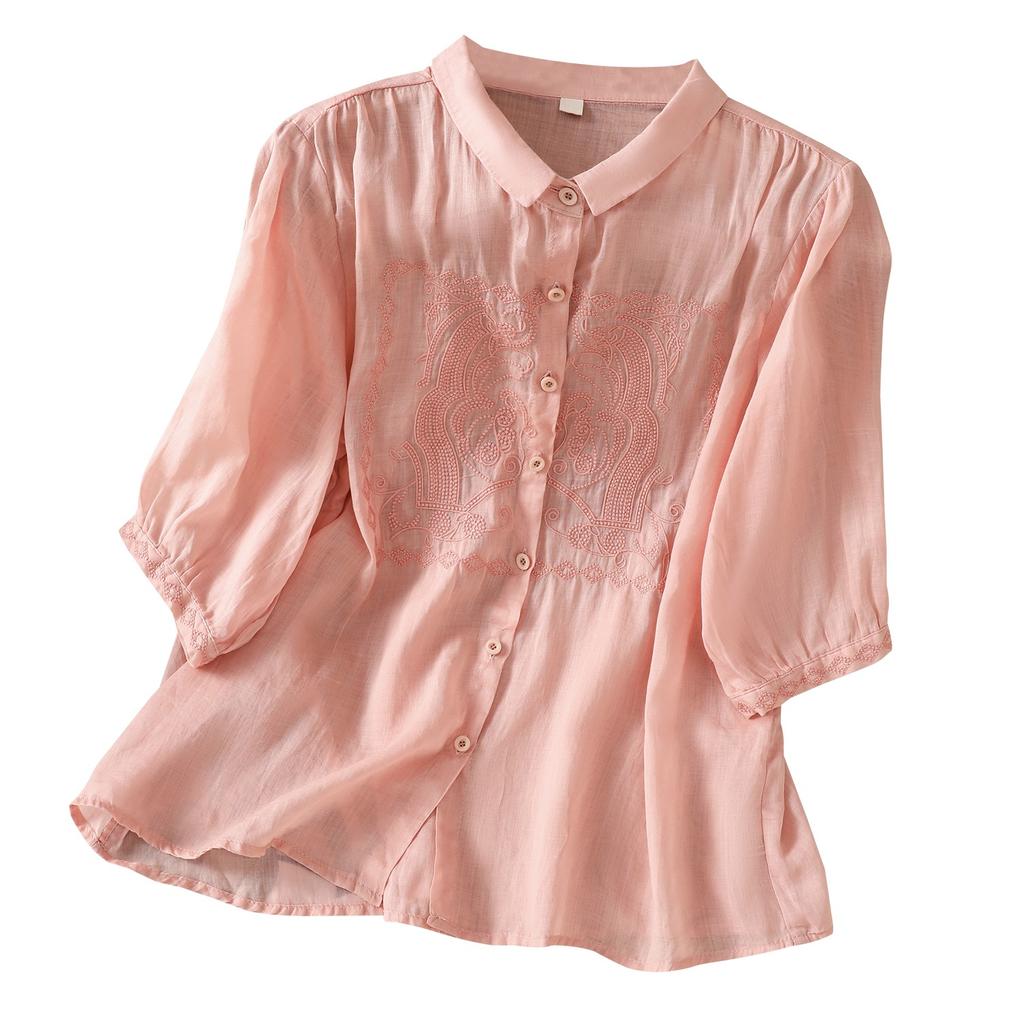 Lockeres und leichtes atmungsaktives Baumwoll- und Leinenhemd für Damen Sommer neu Polokragen Siebenviertelärmel besticktes Temperament-Oberteil
