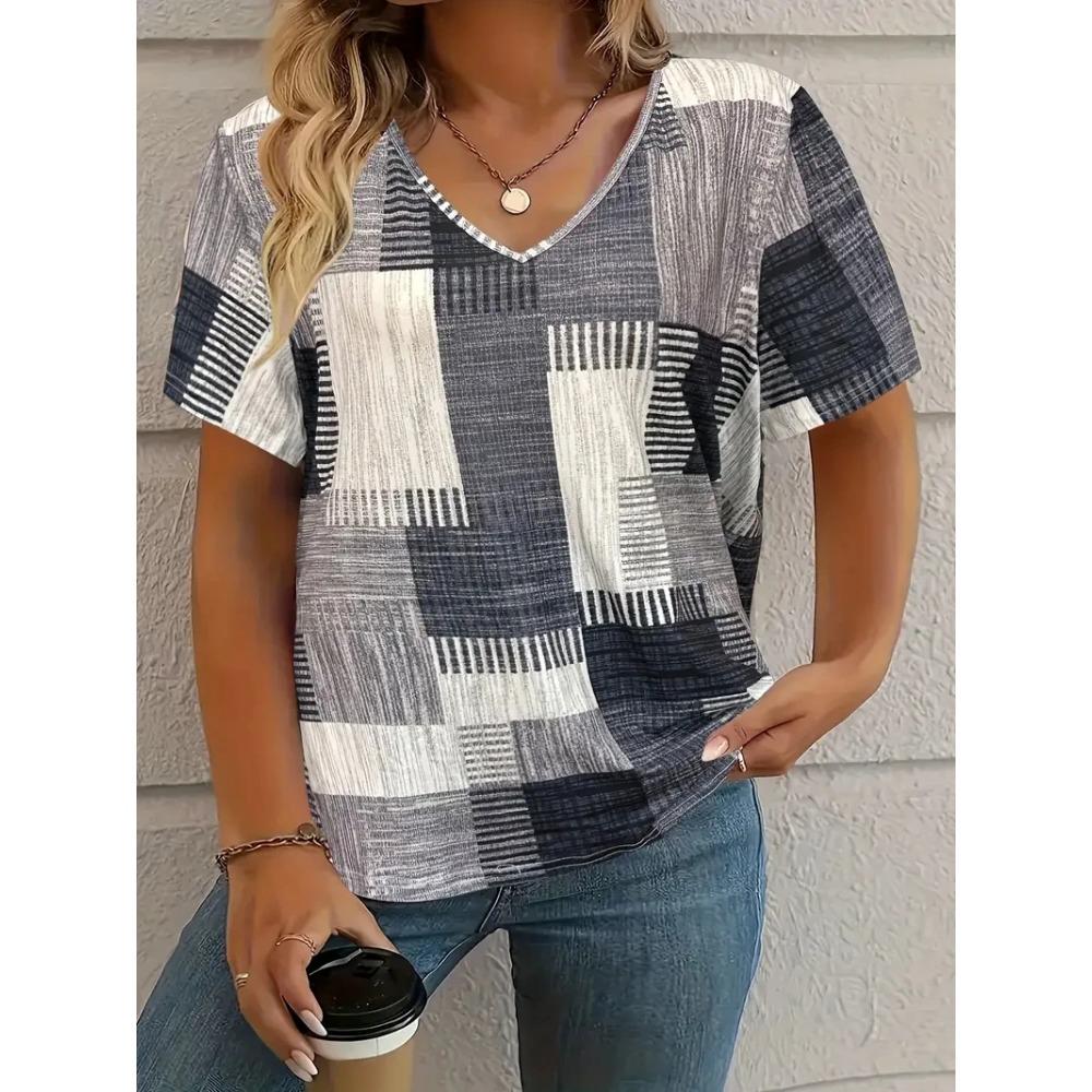 Summer plaid women's V-neck T-shirt outdoor casual short-sleeved top