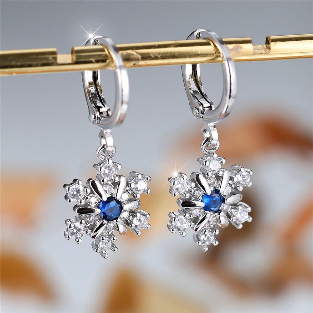 Cute Female White Blue Zircon Stone Snowflake Hoop Earrings Fashion Female  Color Wedding Jewelry For Women