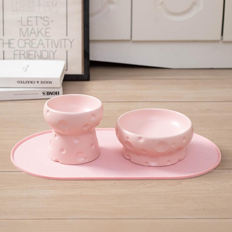 Cute Cheese Ceramic Elevated Pet Bowl Set 3Pcs, Cat Dog Food Water Bowl with Non-slip Mat