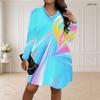 Women Plus Size V Neck Long Sleeve Bright Blue Swirl Printed Loose Curved Hem Dress