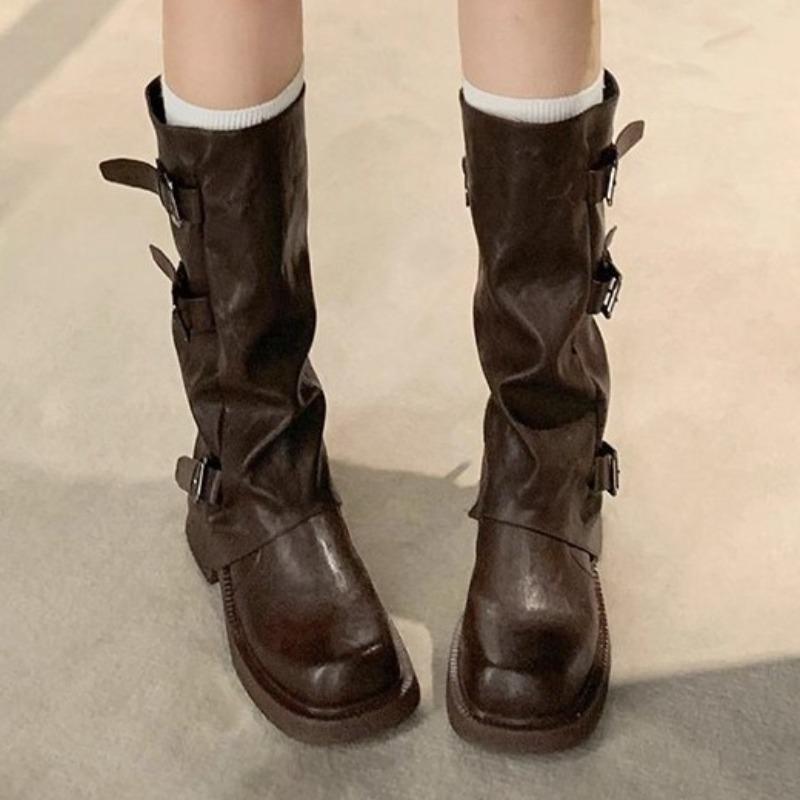 Leather Inner Height Increase Black Medium and Long Tube Boots Women's Autumn Western Cowboy Knight Boots Thick-soled Pleated Piled Boots