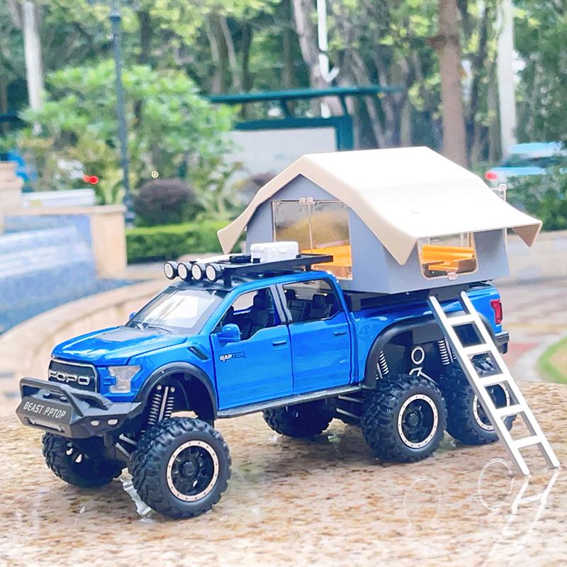 LLI6 1:28 Ford F150 Raptor RV With Tent Alloy Model Car Toy Diecasts Metal Casting Sound and Light Car Toys For Children Vehicle