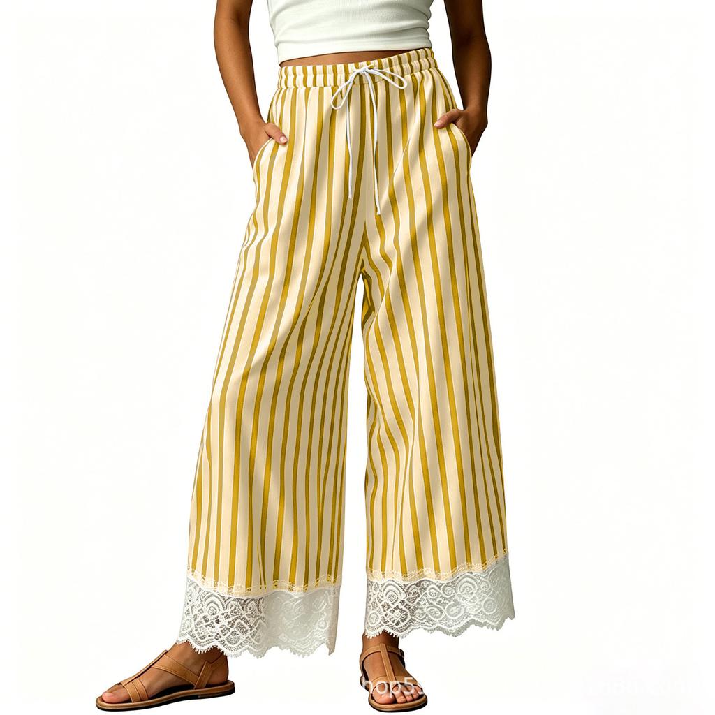 Women's Cotton Striped Wide Leg Pants, Length Loose Fit Casual Pull- with Elastic Waist and Lace Trim