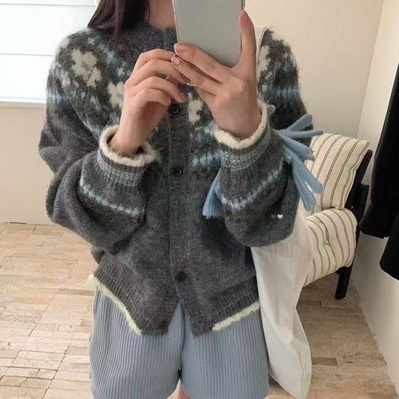 

Осень Зима Свободный Кардиган Свитер Куртки Элегантный Ретро Повседневный Женский Трикотаж Мода Повседневная Сладкая Одежда one size серый