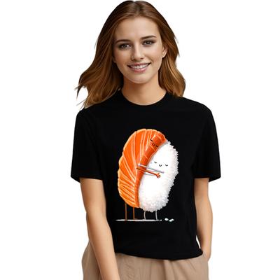Cute Sushi Hug Unisex T-shirts Summer Black Short Sleeve T Shirt Girl Femme O-Nock Kawaii Clothing Top Tee Ladies Harajuku Tshirt