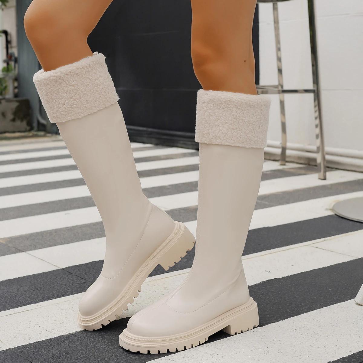 

Зимние теплые плюшевые женские сапоги до колена, модные длинные сапоги из искусственной кожи для женщин, лаконичные туфли на квадратном каблуке с молнией сзади, Botas Mujer 35