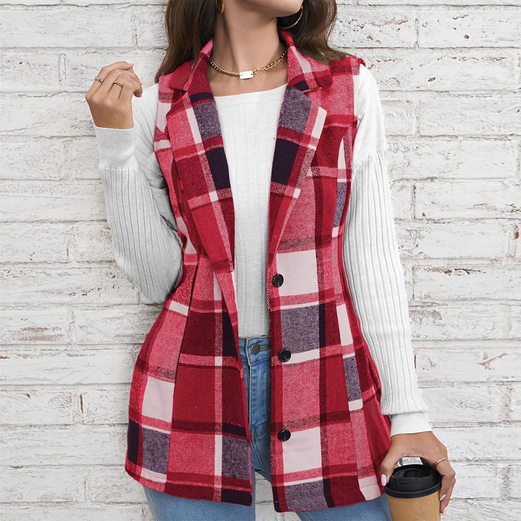 Ladies' Plaid Fashion Women's Clothing Lapel Suit Vest Plaid Top Jacket
