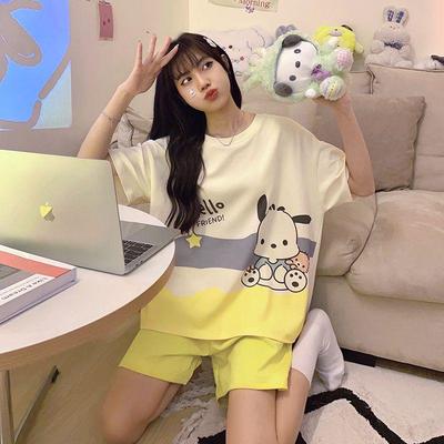 Conjunto de pijama feminino de verão 2024: Manga curta, caimento solto, gola redonda, duas peças com shorts