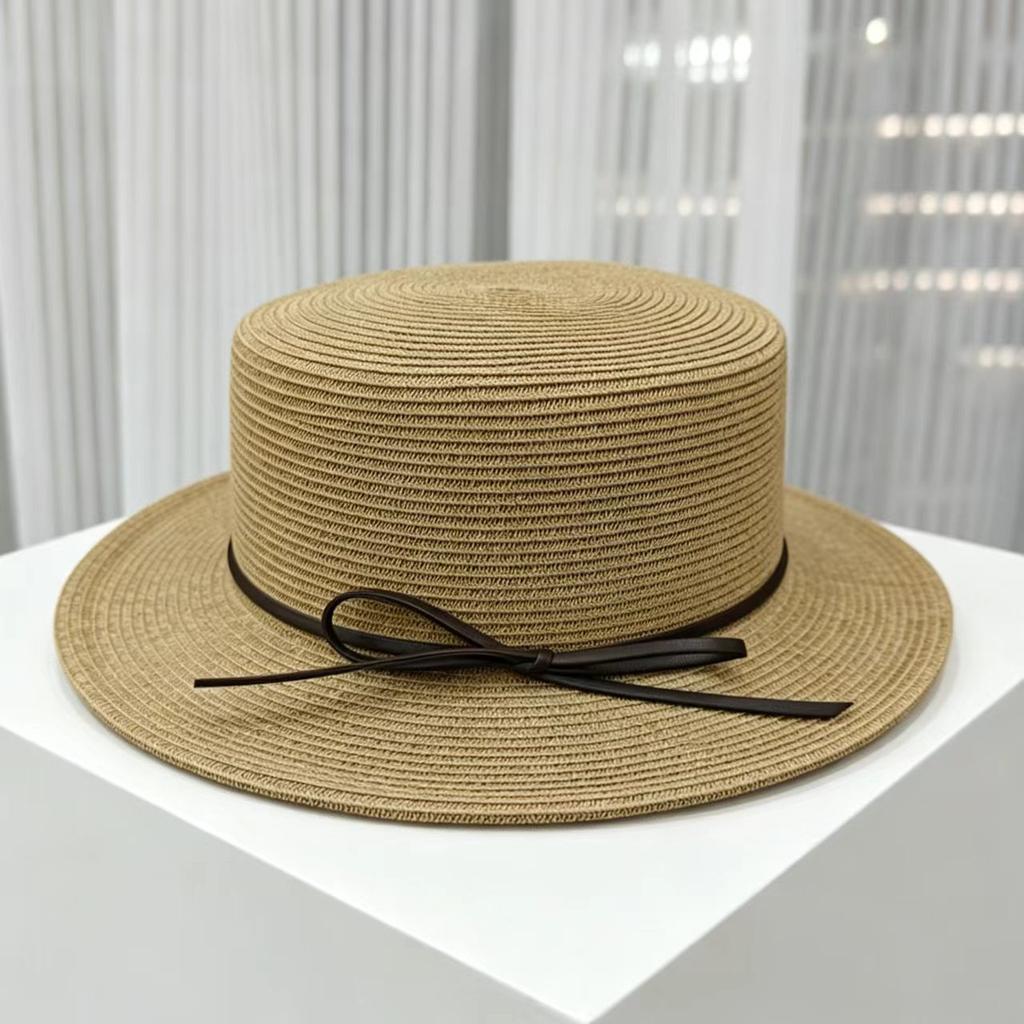 Seaside Vacation Idyllic Style Flat-brimmed Bow Women's Summer Travel Sunshade Sunscreen Hat, Straw-woven Elegant Top Hat