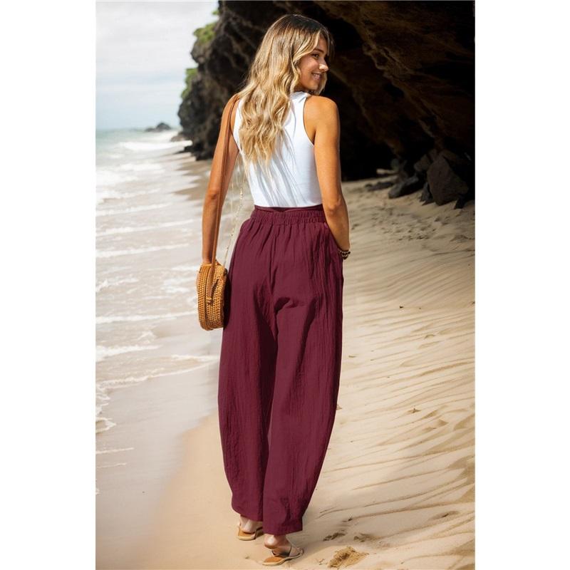 Europäische und amerikanische Damen Baumwolle Leinen Freizeithose Relaxed Fit Urlaubsstil Elastischer Bund Bananenhose Arbeitshose Sommerkleidung