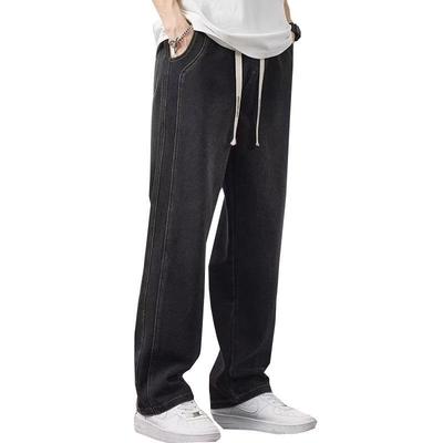 Wide Leg Denim Loose Distressed Adjustable Elastic Straight Hip Hop Streetwear Solid Black Men's Pants, Fit, Finish, Drawstring, Waist, Fit,