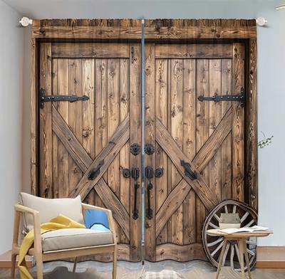 2 Pezzi Tende Stile Fattoria Motivo Porta di Legno 3D Soggiorno Camera da Letto Balcone Parasole Vintage Decorazione Rurale Tende