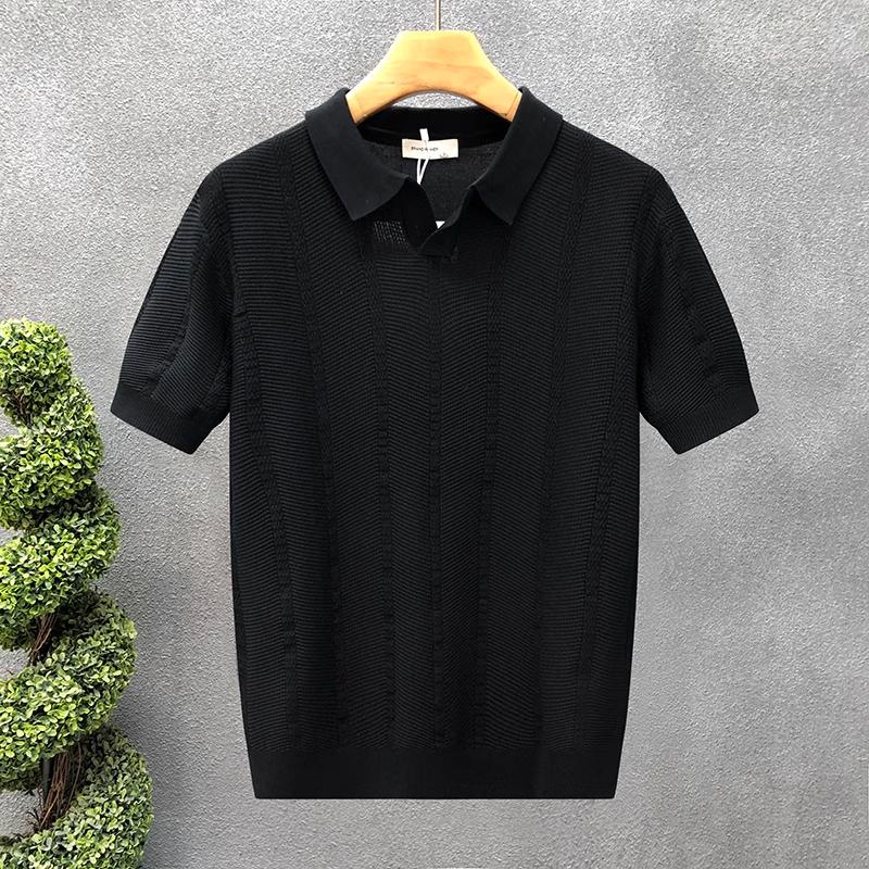 Americká retro volná texturovaná pletená polokošile pro muže Letní retro tričko s límečkem, prodyšné, ve stylu old money, s krátkým rukávem