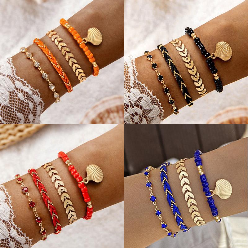 4pcs/set Bohemia Shell Bracelets for Women  Metal Leaf Chain Handmade Bracelets Ethnic Style Summer Beach Jewelry