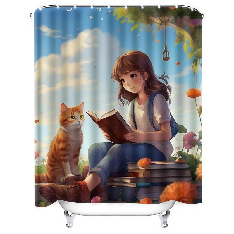 Girl Reading With Cat Waterproof Shower Curtain