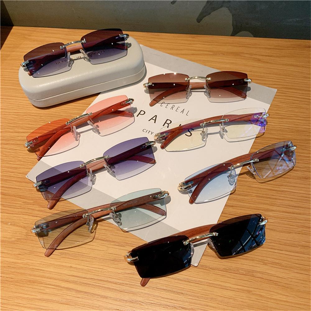 Rimless Sunglasses For Women Men Rectangle Sun Glasses Retro Trendy Wooden Frame Eyewear Outdoor Sun Protection Shade UV400