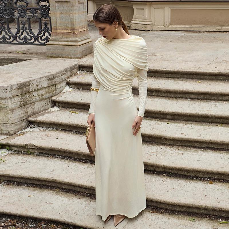 

Європейська та американська сукня-бодікон з круглим вирізом, довгим рукавом, приталеного крою, плісе, з високою талією, однотонна Large