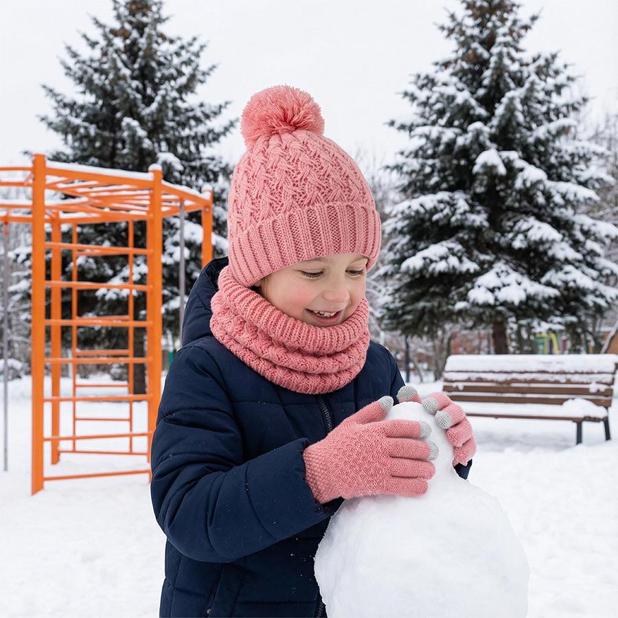 Europäisches & Amerikanisches Kinder Herbst/Winter Plus Samt Bommelmützen, Schal & Handschuhe Set