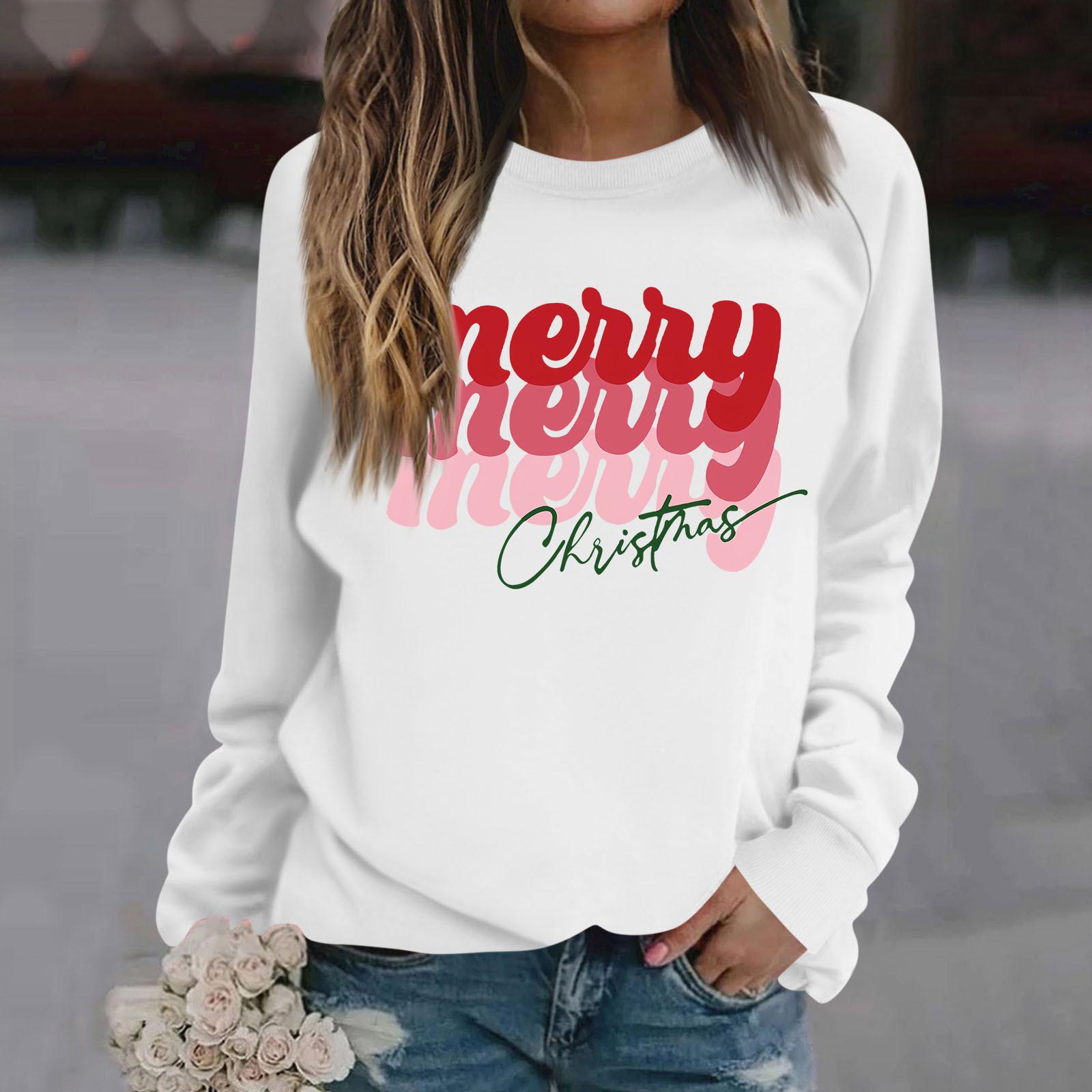 

Женские футболки, свободные, модные и повседневные толстовки с круглым вырезом и длинными рукавами с рождественским принтом XL белый