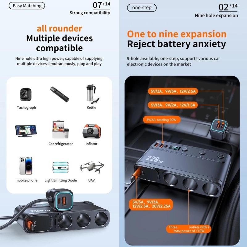 Car Chargers Splitter for Simultaneous Charging 228W Output QC3.0 PD45W with Telescoping USB C Cable LED Battery Monitor