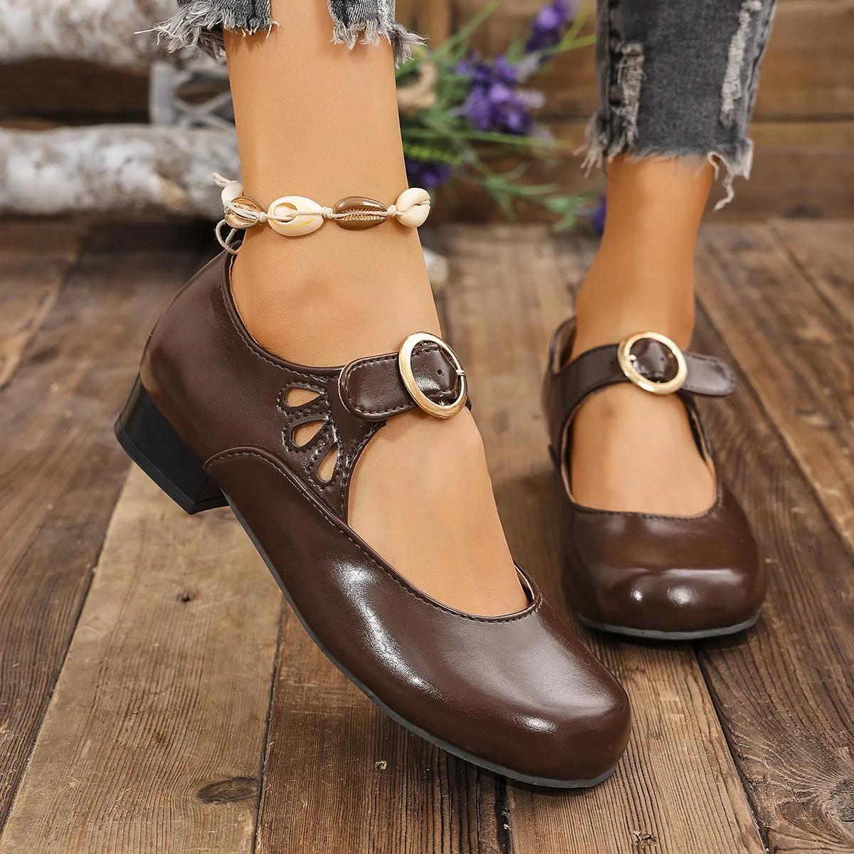 

Модные женские туфли на низком каблуке с пряжкой, новые туфли Мэри Джейн из искусственной кожи с круглым носком, удобные женские туфли в стиле Лолиты с квадратным каблуком 35