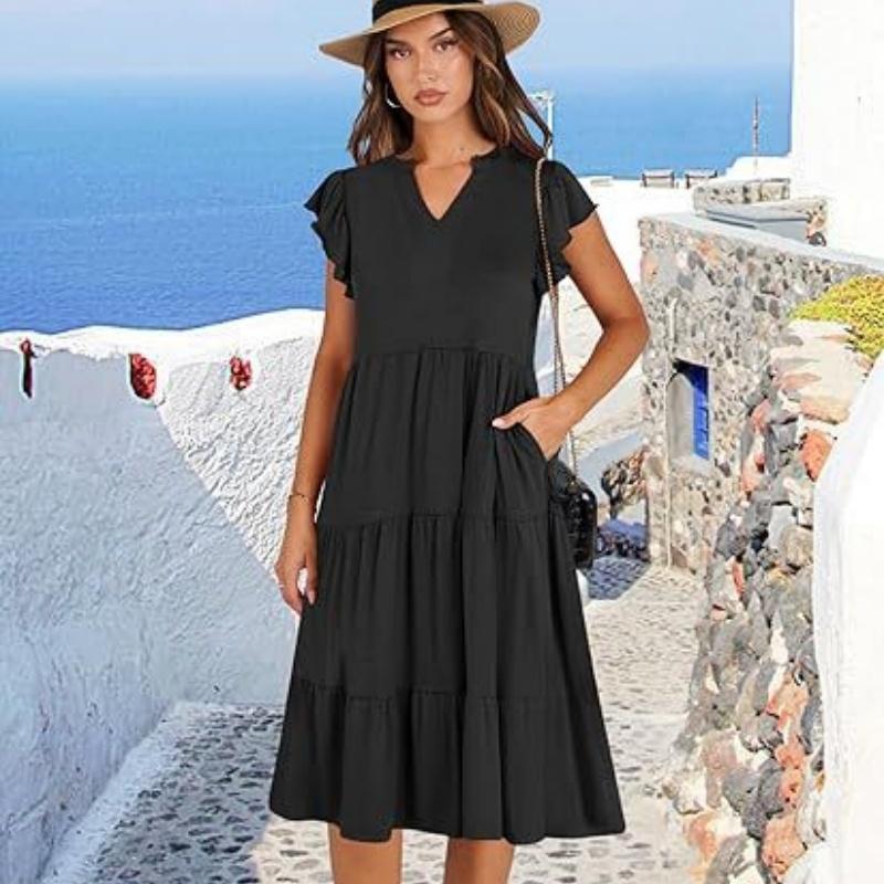 Women's V-neck, Ruffled Sleeve, Mid-length, Patchwork, Wide Skirt, Pocket Dress
