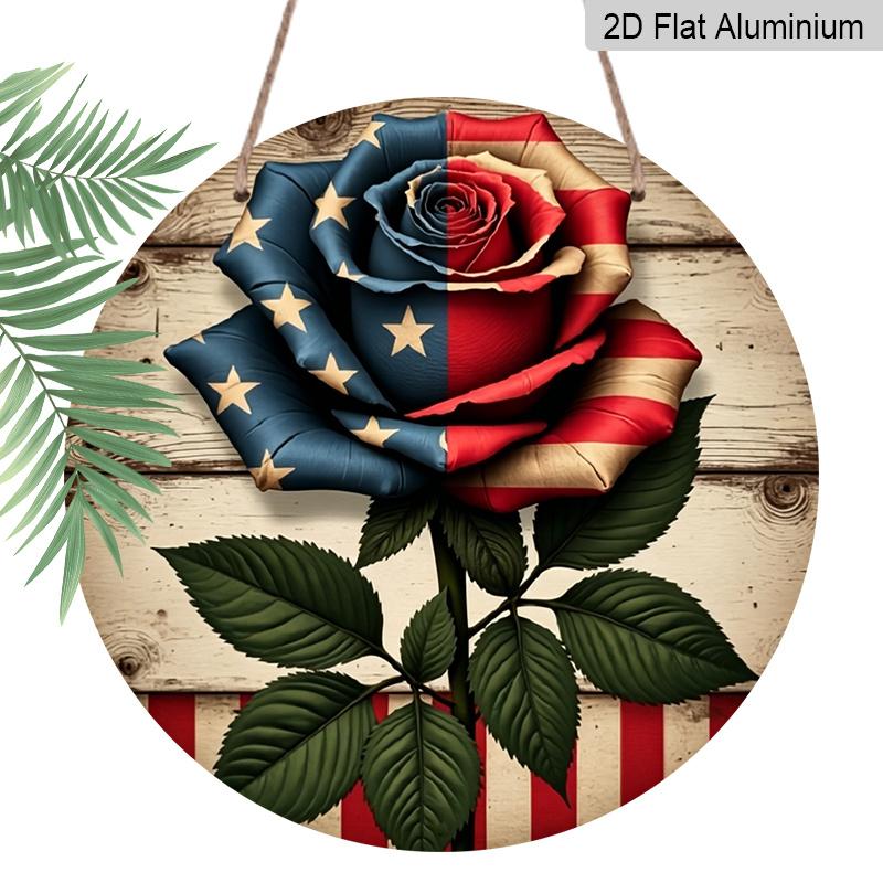 

2D Flat, 1pc Round Rustic Farmhouse Aluminum Wall Art - Patriotic Red White & Blue Rose Design with Vintage American Flag-Inspired Stars & Stripes 7.87*7.87inch