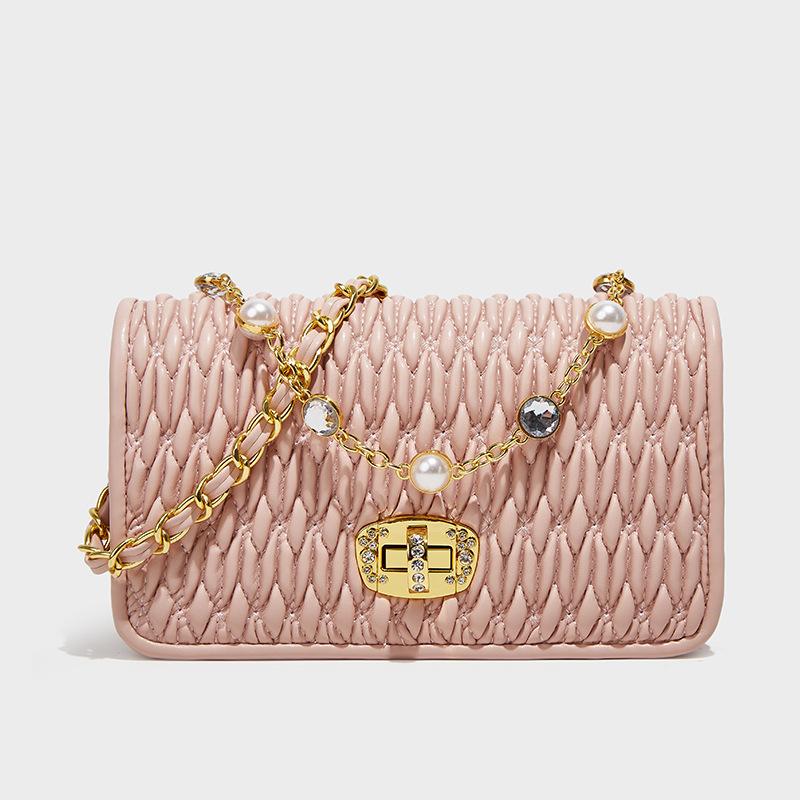 

Весенне-летняя мода Складная маленькая квадратная сумка Простая Легко сочетаемая Жемчужная цепочка Маленькая сумка Женская розовый