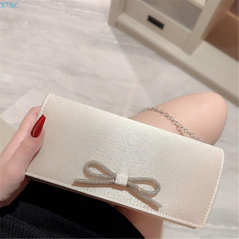 X7XC Fashionable Silky Evening Bag Rhinestones Bowknot Handbag for Formal Functions