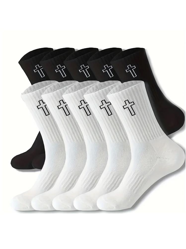 

5/10 Pairs Men s High-Cut Solid Sports Socks, Breathable Unisex Mid-Calf Casual Socks, Black/White Cross Couple Socks All-Season One Size
