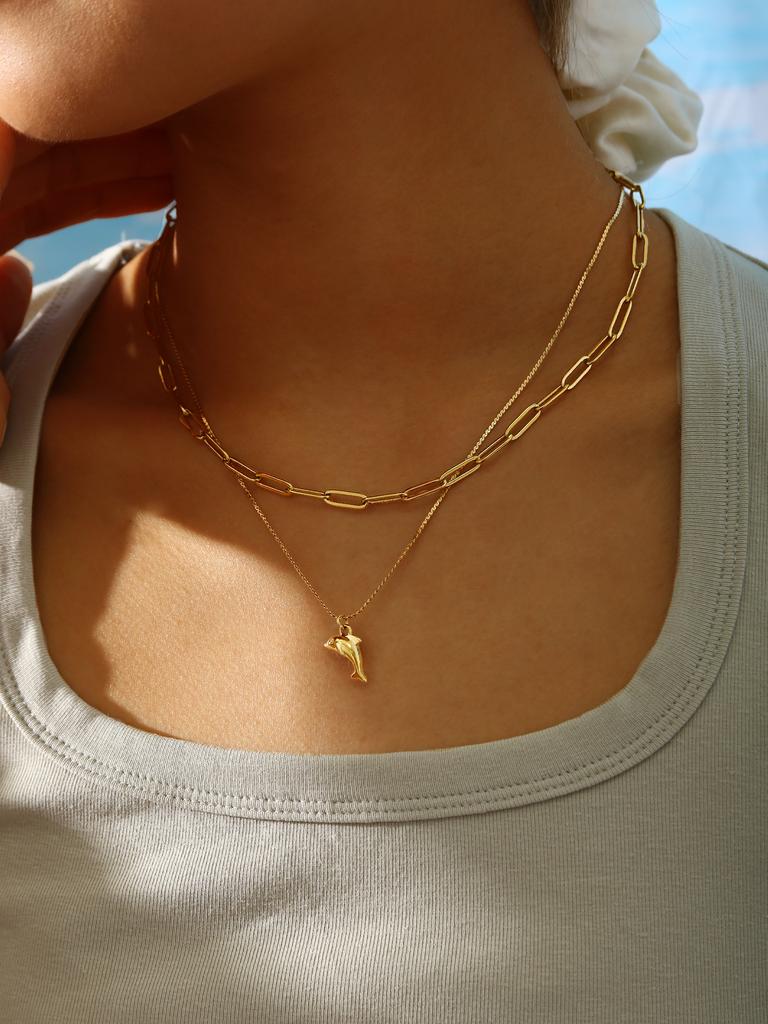 Summer Beach Fashion Simple Cold Wind Stainless Steel 18K Gold Plated Dolphin Pendant Double Necklace For Men And Women