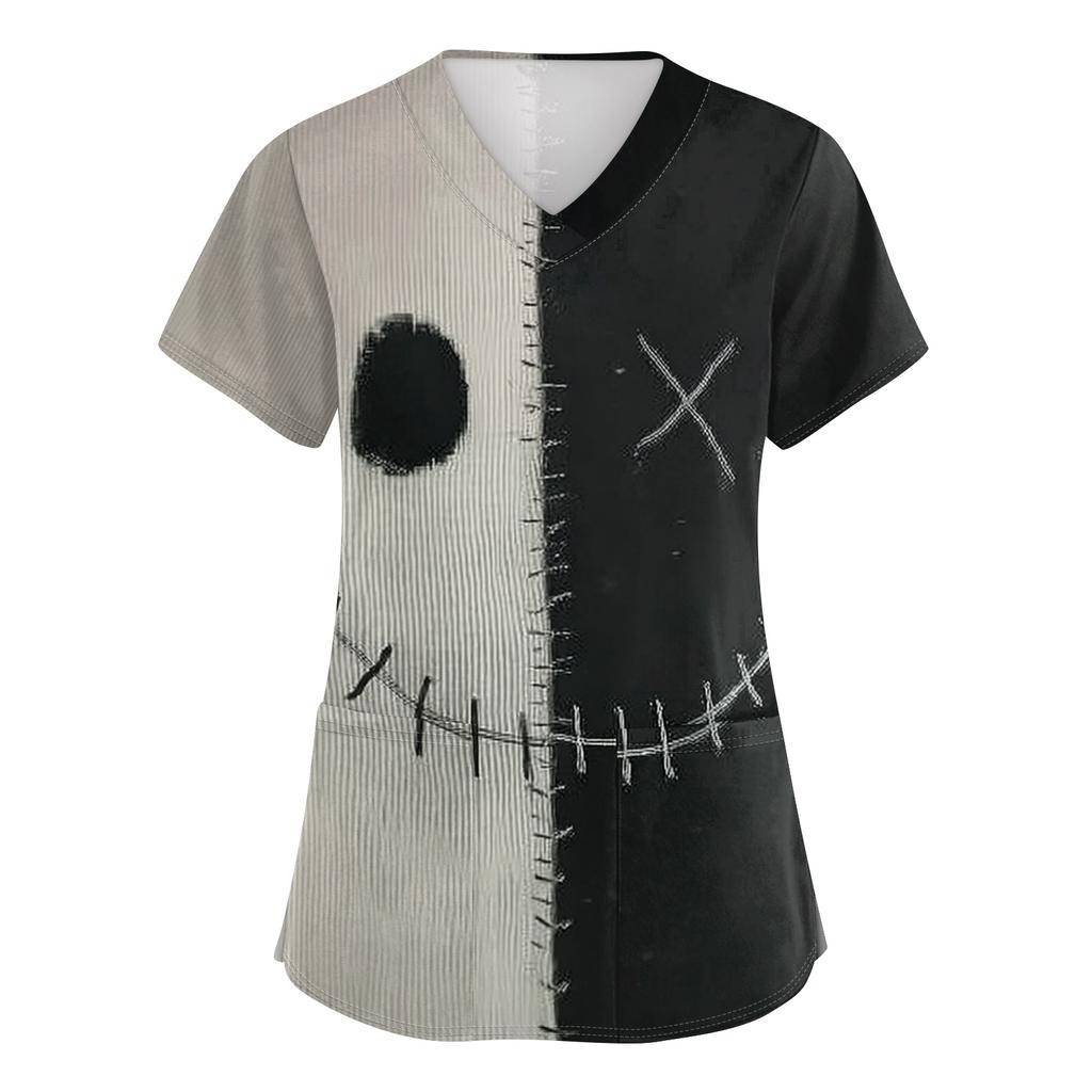 Women's Halloween Print Scrub Top – Short Sleeve V-Neck with Pocket and Side Slits for Professionals