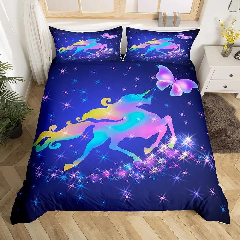 Unicorn Duvet Cover Twin King Cartoon Castle Comforter Cover Dreamy Magical Animal Bedding Set Rainbow Stars Bedspreads Cover