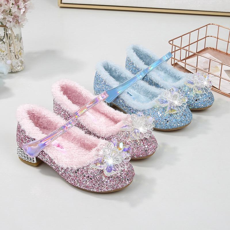 Pantofi cu toc înalt din catifea albastră Elsa cu cristale pentru fete - Pantofi de prințesă de iarnă