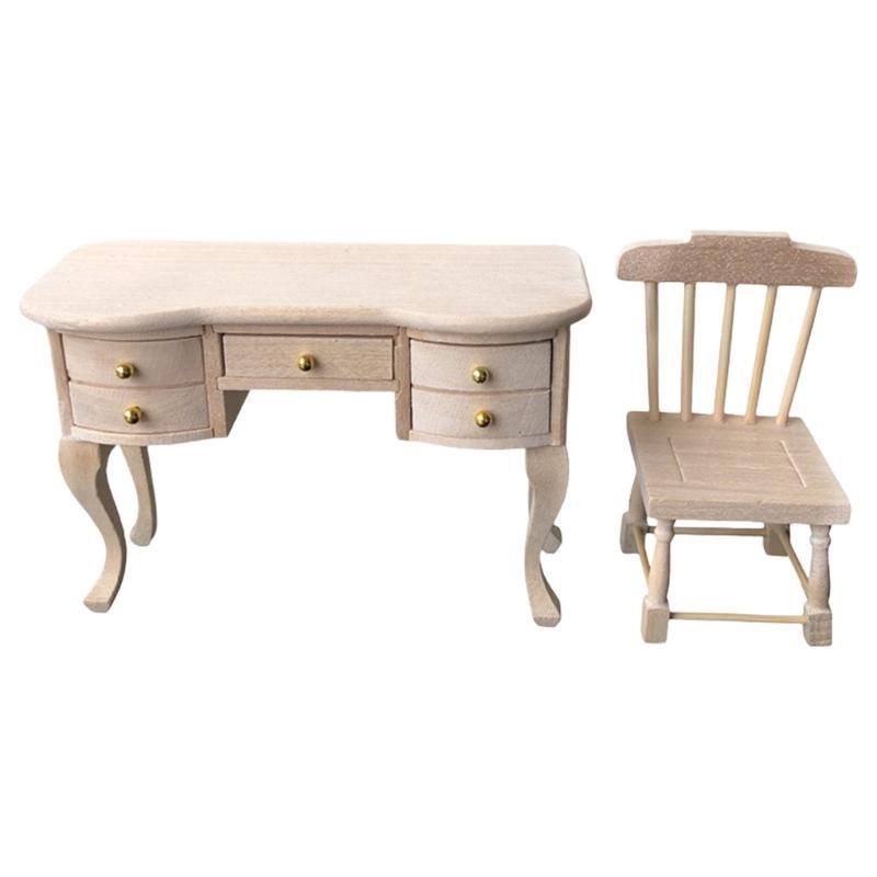 Modern Mini Desk And Chair Dollhouses Accessories 1/12 Scale Zakka Wooden Furniture For Craft Projects And Display