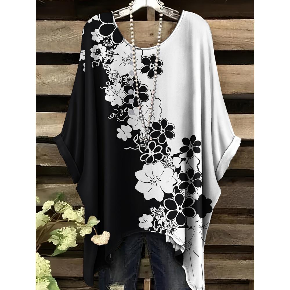 Sommar Dam Elegant Bohemisk Tvåfärgad T-shirt - Hjärta Blommigt Tryck med Fjäril Rund Hals Casual Blus Boho Älskare 2025