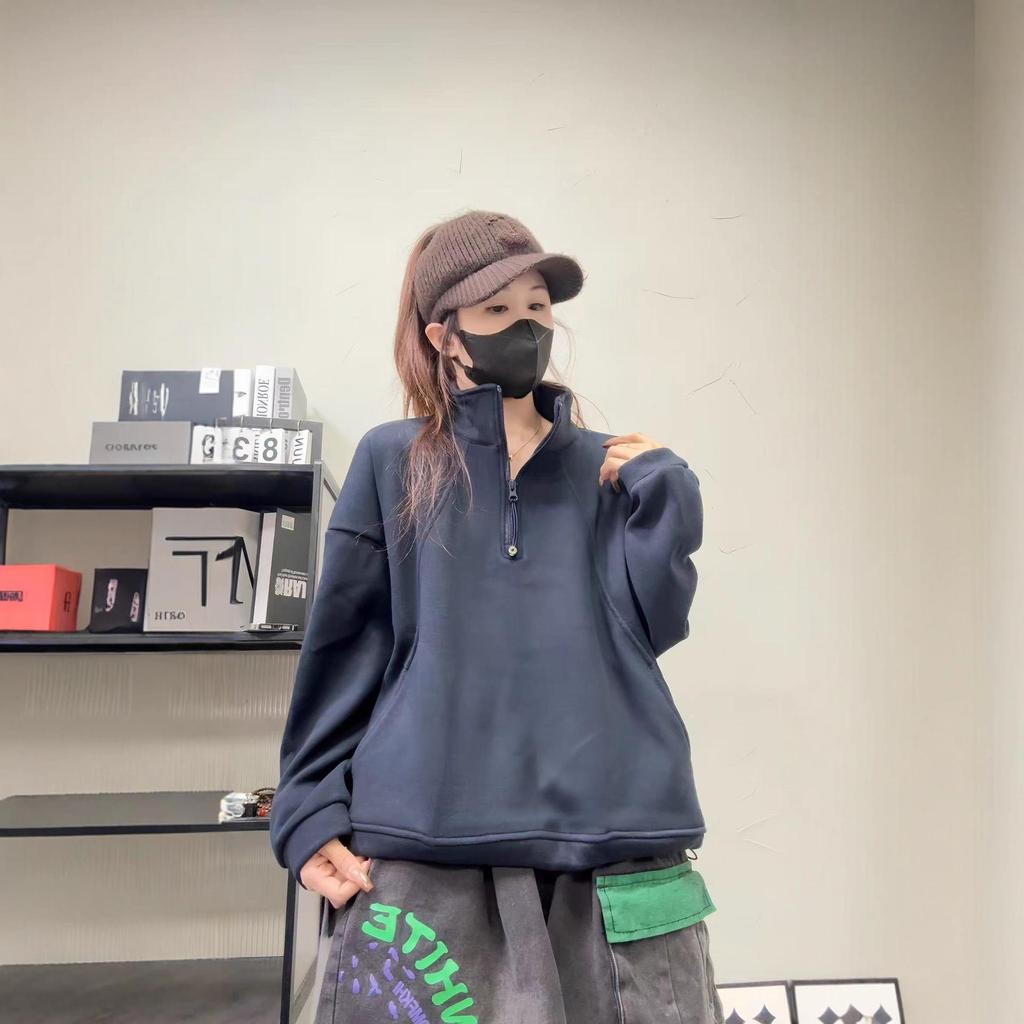 Women's Casual Stand Collar Patchwork Half-Zip T-Shirt Hoodie - Autumn/Winter 2025 Collection (Plus Velvet, Solid Color)