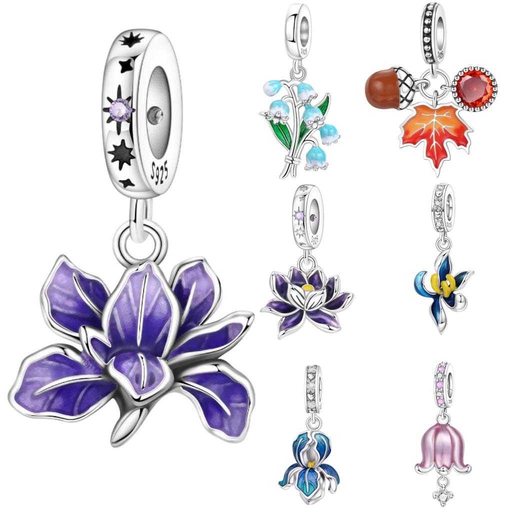 PANPOKI 925 Silver Iris Flower Pendant Charm Bracelet Jewelry DIY Trendy Gift for Women Party Beads