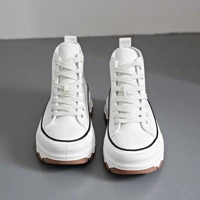 Sneakers Casual Solide con Lacci Scarpe di Tela Alte alla Caviglia da Donna a Punta Rotonda Tacco Medio Cuciture Primavera/Autunno Scarpe Vulcanizzate da Donna